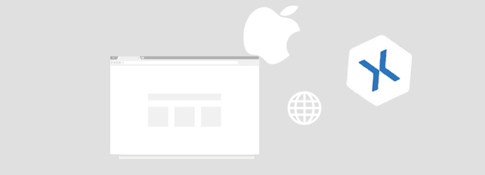 A flat webbrowser window, apple logo, xamarin logo and world wide logo