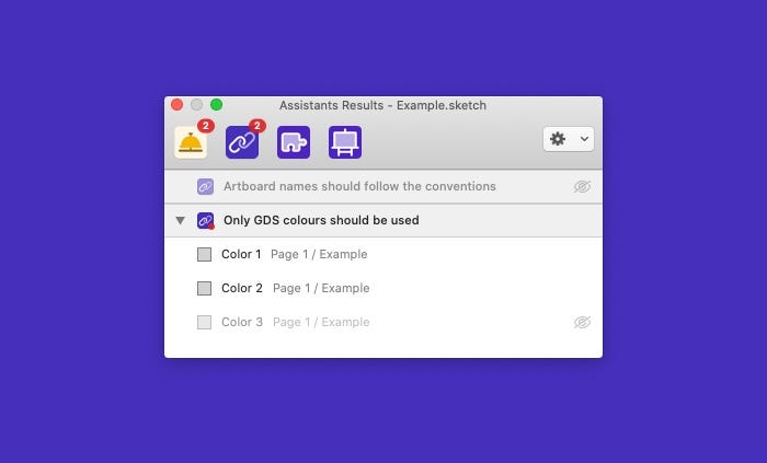 The user interface of Sketch Assistants showing violations.
