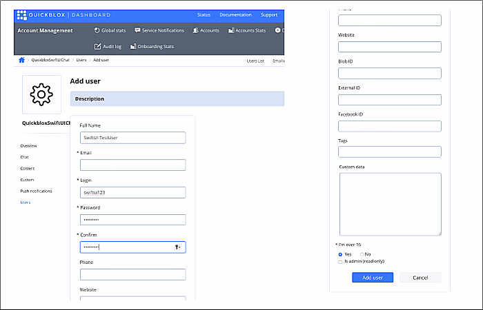 Add User on the QuickBlox dasboard
