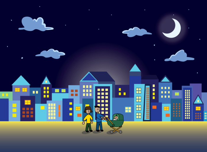 Two cartoon parents pushing a baby carriage on a city street at night under a crescent moon.