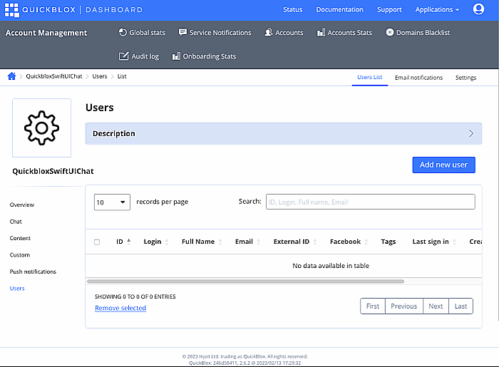 Create a user on the QuickBlox dashboard