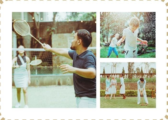 A photo collage featuring a couple playing badminton, two young children having a water-fight and a group of young people playing croquet at a posh spring party