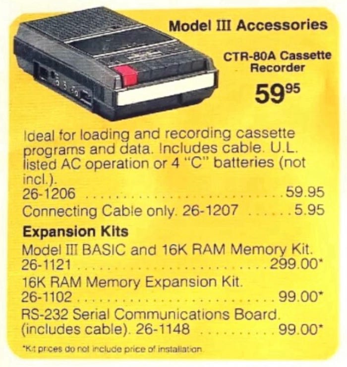 Radio Shack Cassette Recorder, 1982 Catalog.