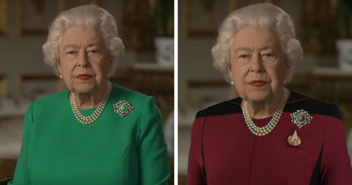A photograph of Queen Elizabeth II wearing a green top. The photo is side by side to a version where she is wearing a Star Trek uniform. The green top has been used a green screen.