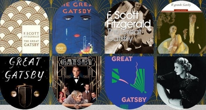 A collage of covers and adaptations of The Great Gatsby by F. Scott Fitzgerald.