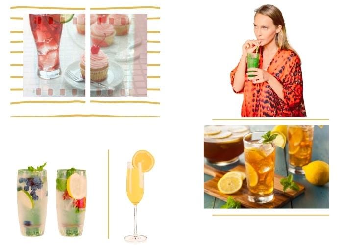 a collage showing a Shirley Temple cocktail next to pink cherry cupcakes, a woman drinking a green juice, a tray of iced tea and sliced lemon, a mimosa in a champagne glass with a slice of orange, and two different fancy waters stuffed with fruit and herbs.