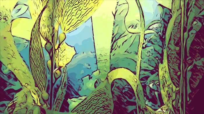 A close shot of Giant light green Kelp bodies (with a view of some kelp fronds) swaying in the ocean. The background is a light blue ocean. The photo is an animated film still from the animation and sound design by Jennifer Parker.