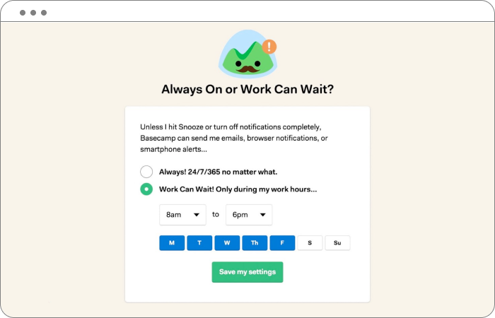 A screenshot of the Basecamp application offering notification setting options for “Always” and “Work can wait”.