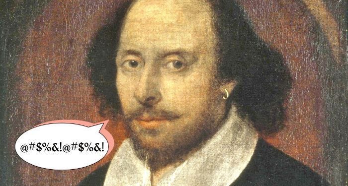 A portrait of William Shakespeare with a speech bubble with random symbols.