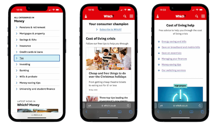 Mobile screens of recent pieces of developmet: Money advice, new homepage and cost of living hub page