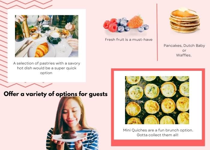 a collage of different brunch options: people dining at a table with pastries, coffee and savory food, a woman holding a chocoloate glazed donut on a plate, a pile of berries, a stack of pancakes with butter and syrup and a tray of mini quiches