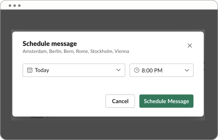 Screenshot of the Slack schedule message feature.