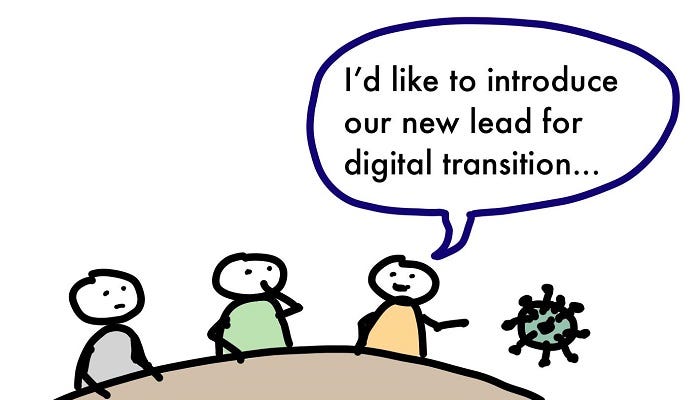 A person pointing out the Covid: I’d like to introduce our new lead for digital transition