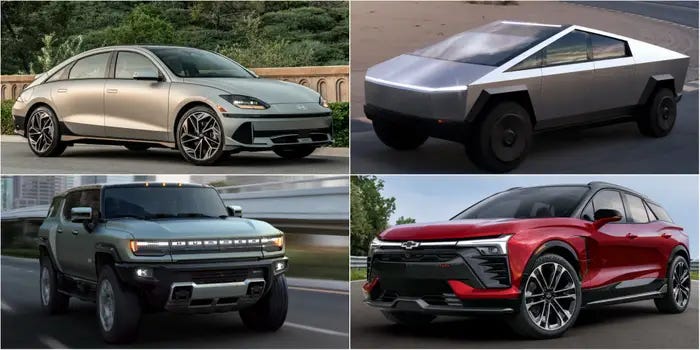 A Tesla CyberTruck shown with an electric Ford Bronco, electric Chevrolet Equinox and an electric Hyundai IONIQ 6.