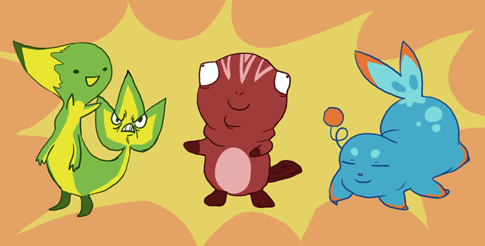 A satirical design for three Pokémon starters using the silhouettes of the Unova starters Snivy, Oshawott and Tepig. The fake starters each have strangely placed facial features and are intended to look poorly drawn.