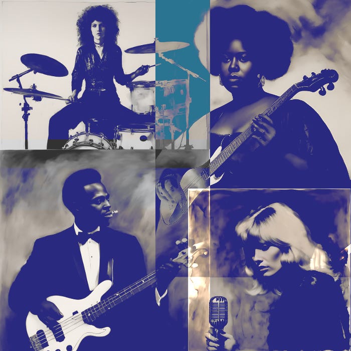A collage of fake black and female musicians made from images generated by an AI.