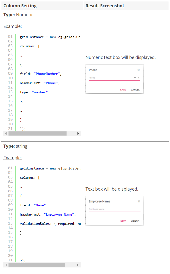 Editor types based on the column settings