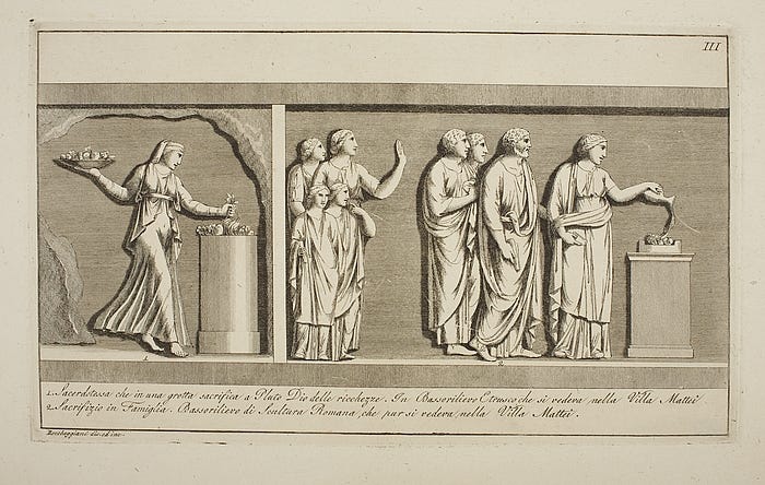 Illustration of antique reliefs by Lorenzo Roccheggiani. “Priestess offering to Hades. A Family offering, 1804”