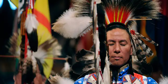 Nathan Lee Chasing His Horse leading a parade at the 37th annual Denver March Pow Wow on March 20, 2011.