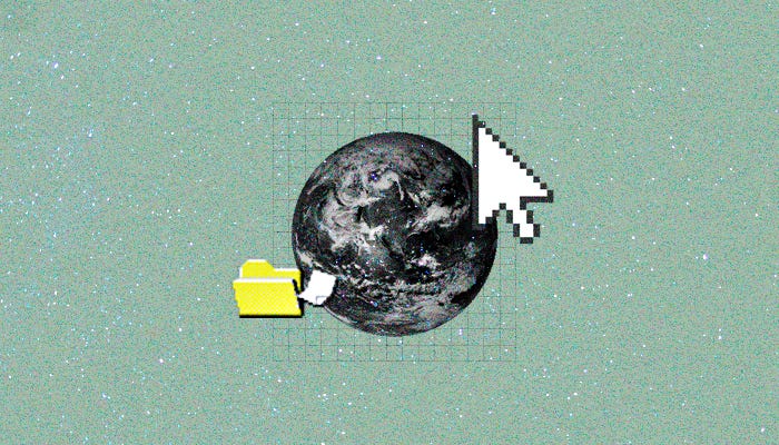 Planeta terra com um ícone de mouse no canto superior direito e no canto inferior esquerdo, ícone de pasta de arquivos.