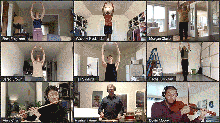 Gif of a Zoom call. Some musicians accompany dancers who are moving their arms and twinkling their fingers.