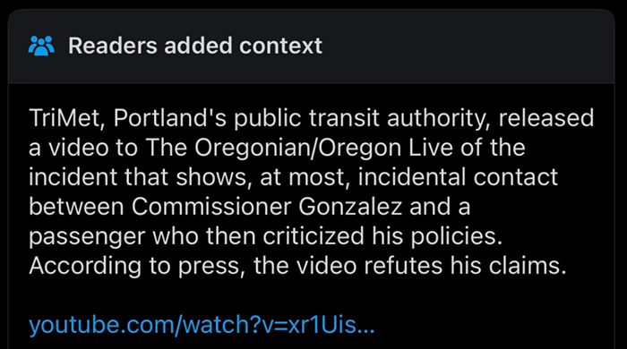 An X community note refusting Gonzalez’ claim of being assaluted on the MAX.