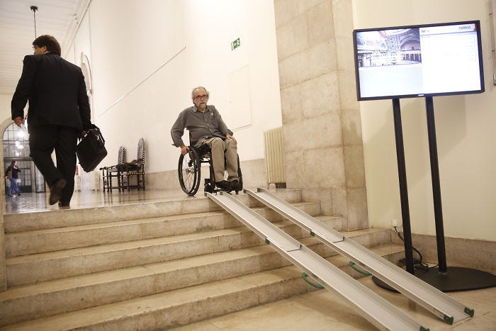 Men in a wheelchair on a non-accessible ramp