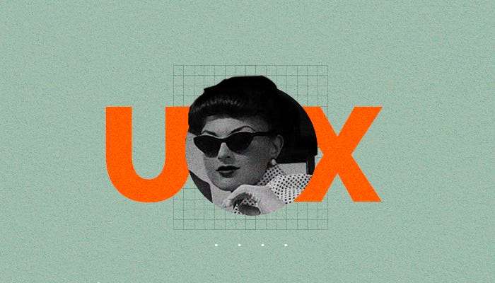 Figura feminina representando o usuário em meio às letras UX (abreviação de USER EXPERIENCE).