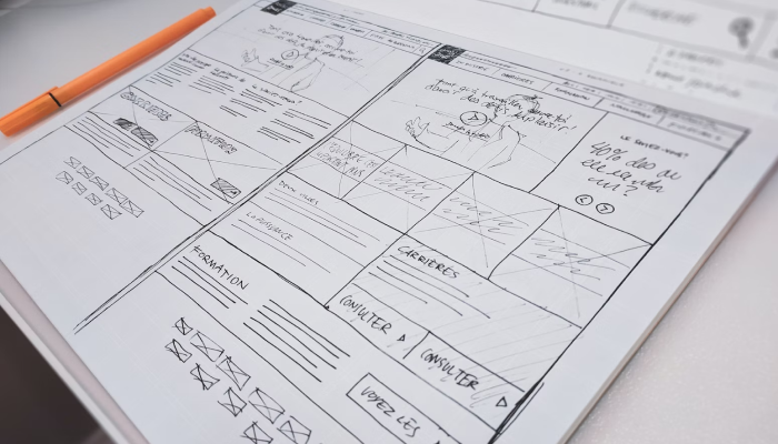 Low fidelity wireframes on a sketchbook