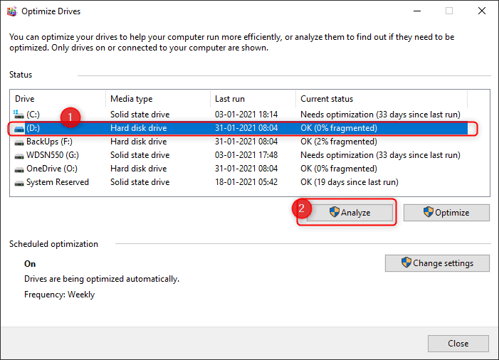 An image of optimizing a logical drive on a Windows PC