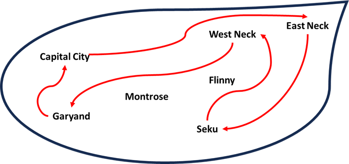 Map with arrows drawn showing the circuitout route recommended by Claude.