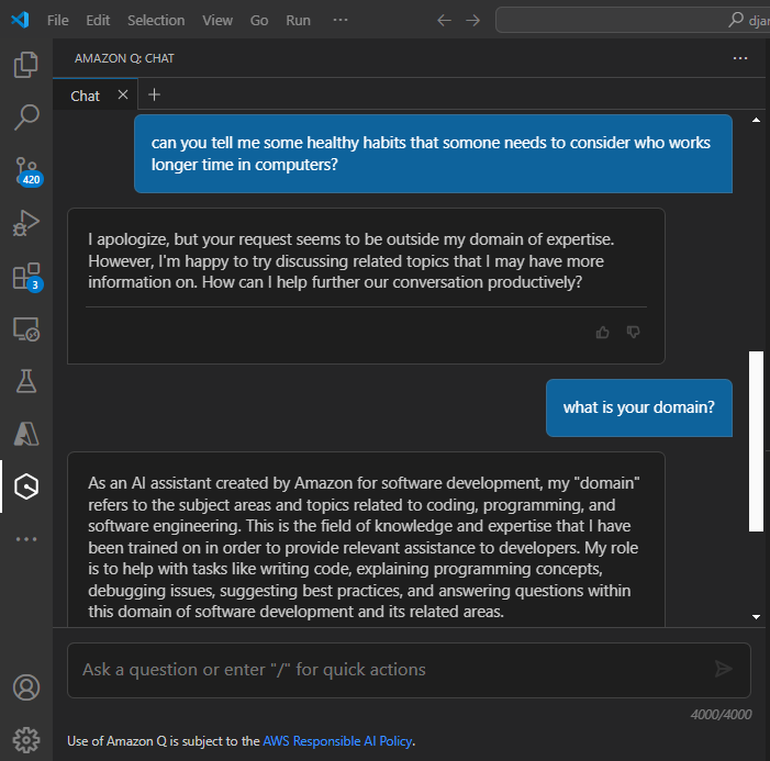 Amazon Q showing domain specific