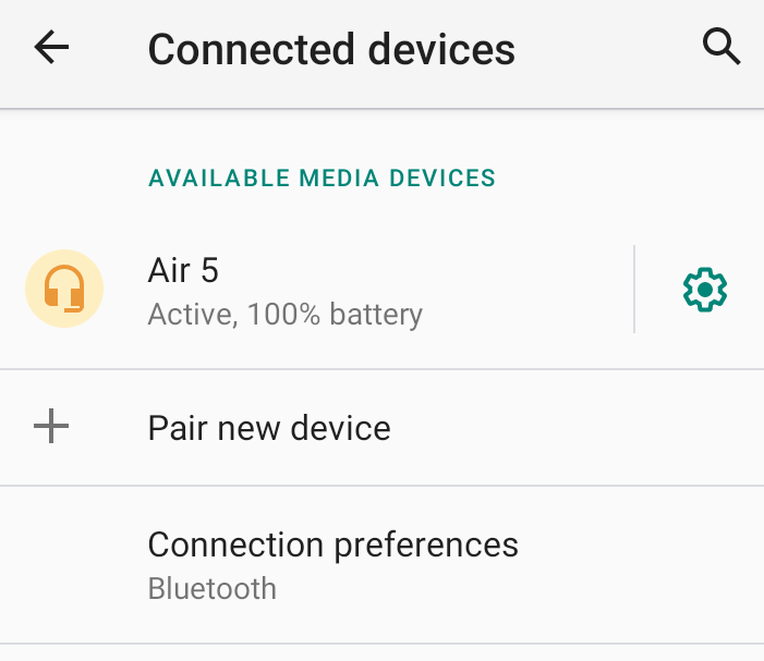 Screenshot of Android’s “Connected Devices” menu showing the Air5s’ battery level.