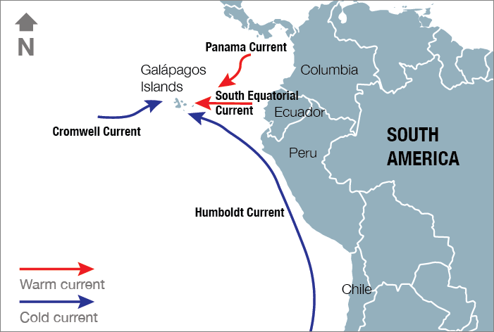 Map showing currents on the Pacific coast of South America.