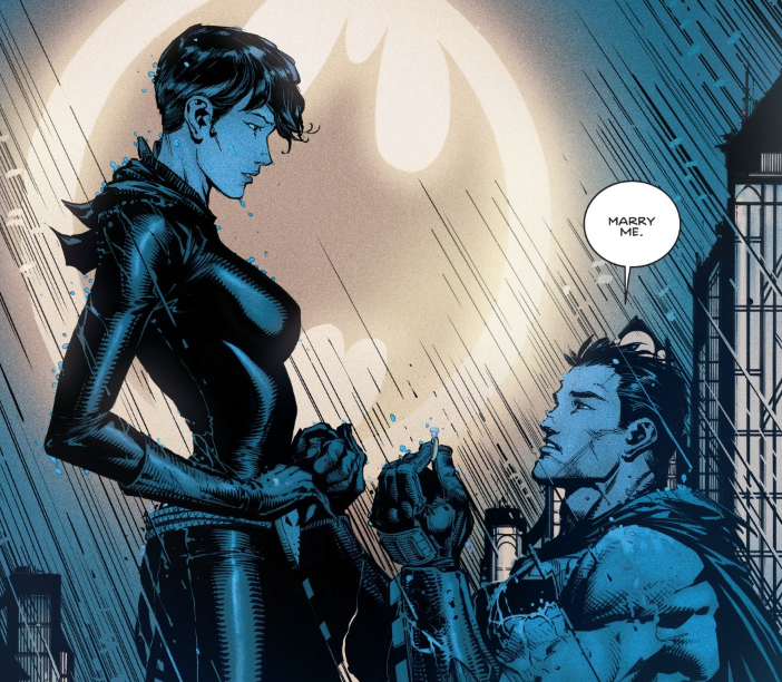 Bruce Wayne proposing to Selina Kyle on a roof in the rain with the Bat-signal behind them