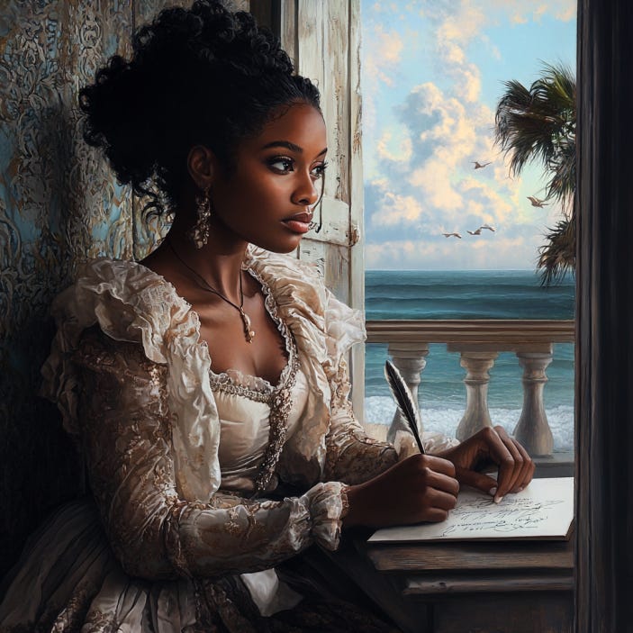 An image of a woman sitting on an ocean veranda, writing with a small quill pen and wearing 1800s dress. Created by author on Midjourney.