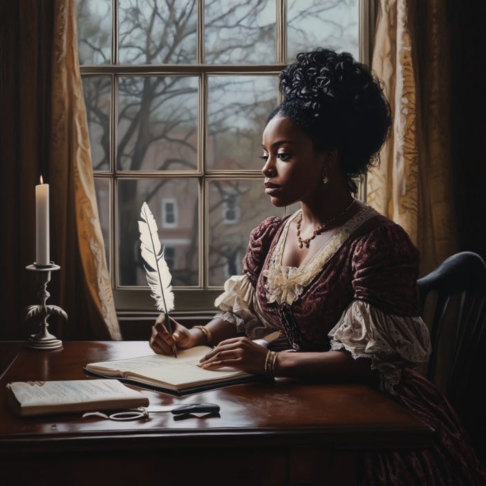 A woman in 1800s dress, sitting at a desk with a feather quill in her hands and writing. Created by author on Midjourney.