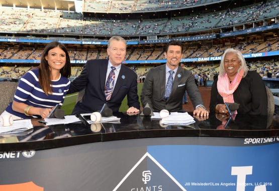 The LA SportsNet crew poses with Sharon Robinson prior to pre-game. Jill Weisleder/Dodgers