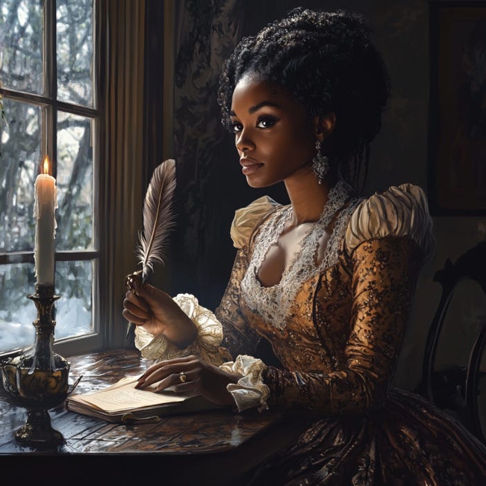 Another image of a woman, sitting at her writing desk with a quill pen. Created by author on Midjourney.