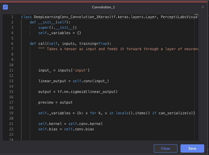 Figure 5: Code Editor in PerceptiLabs for programmatic customization of Components.