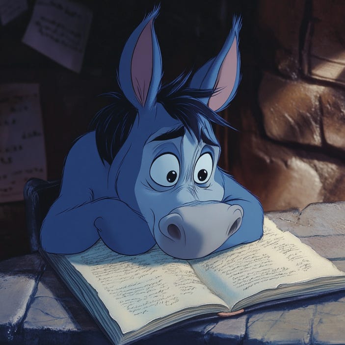 Image of an Eeyore-like donkey looking sad while reading. Created by author on Midjourney.