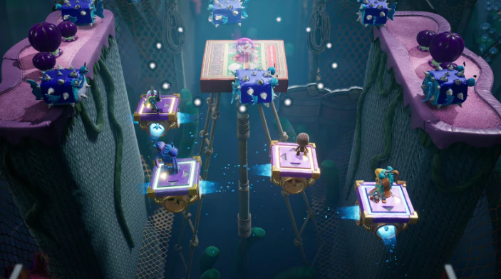 Four ragdolls stand on small, moving platforms to cross an underwater canyon. The water is filled with pufferfish.