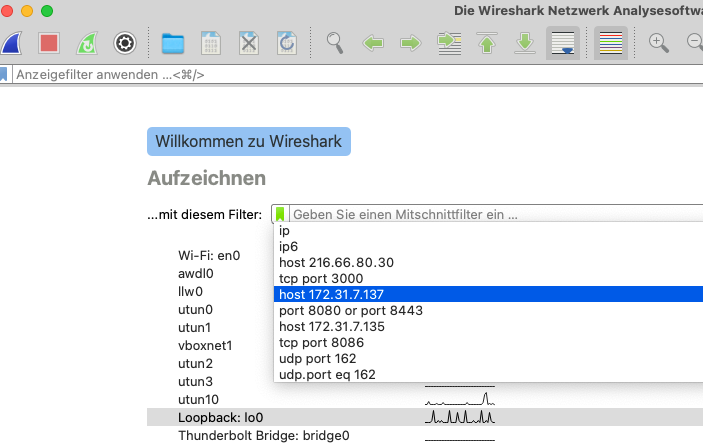 Screenshot of the Wireshark UI with the list of interfaces and a dropdown of past filter expressions.