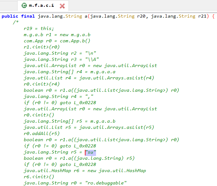 Java method code incorrectly decompiled, showing smali rather than readable Java.