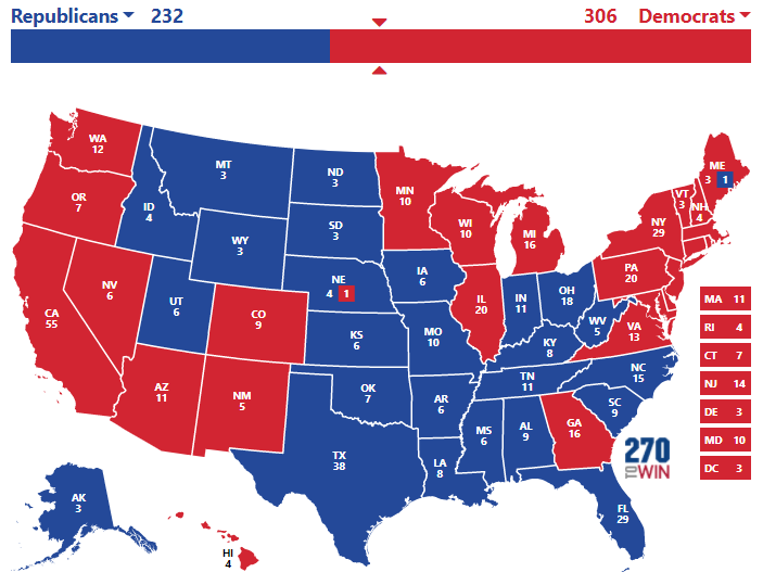 A map of the United States showing the outcome of the 2020 presidential election. States won by the Republican candidate shown in blue while states won by the Democratic candidate are shown in red.