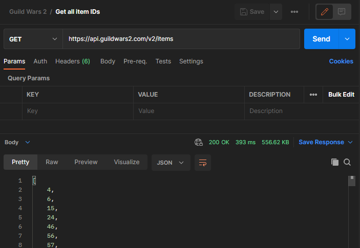 Screenshot of requesting item IDs from Guild Wars 2 in Postman.