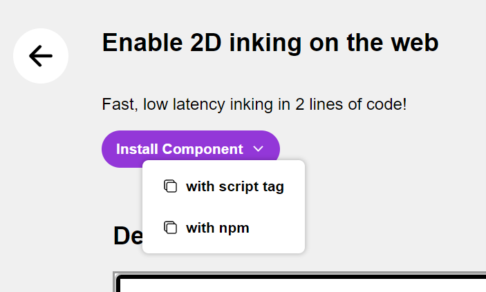 A screenshot of the dropdown on the install component button for the inking component.