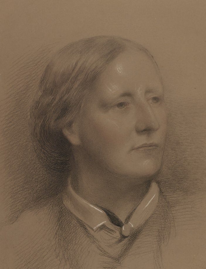 Pastel portrait of Elizabeth Gaskell on a brown piece of paper.