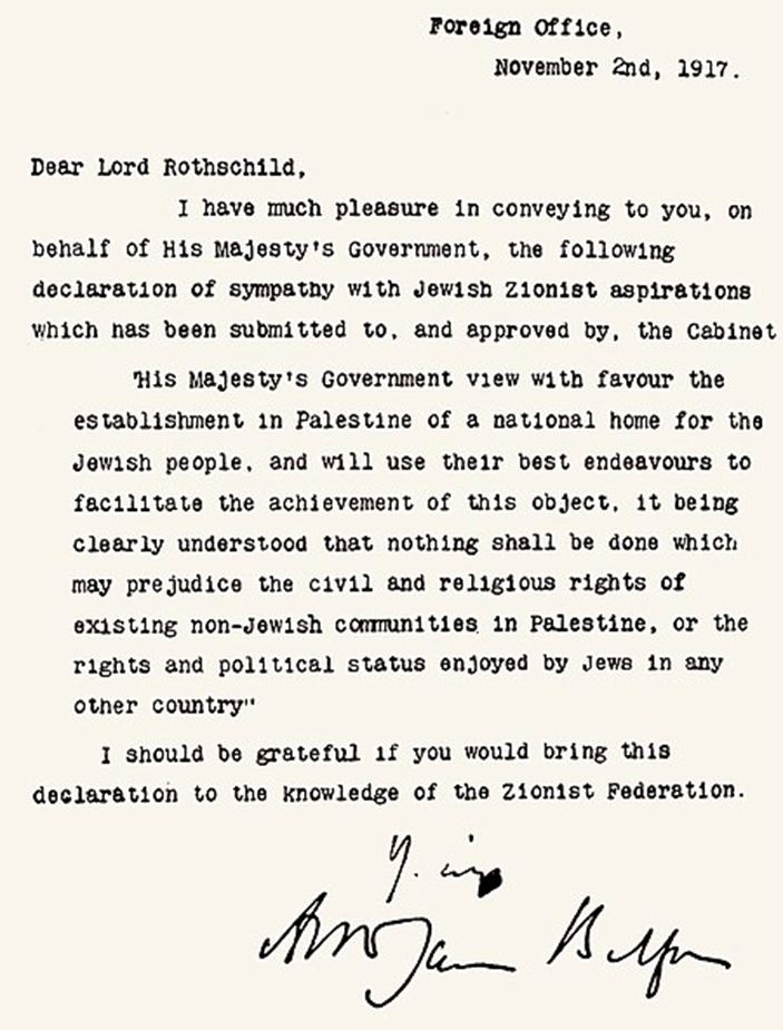 The original letter from Balfour to Rothschild