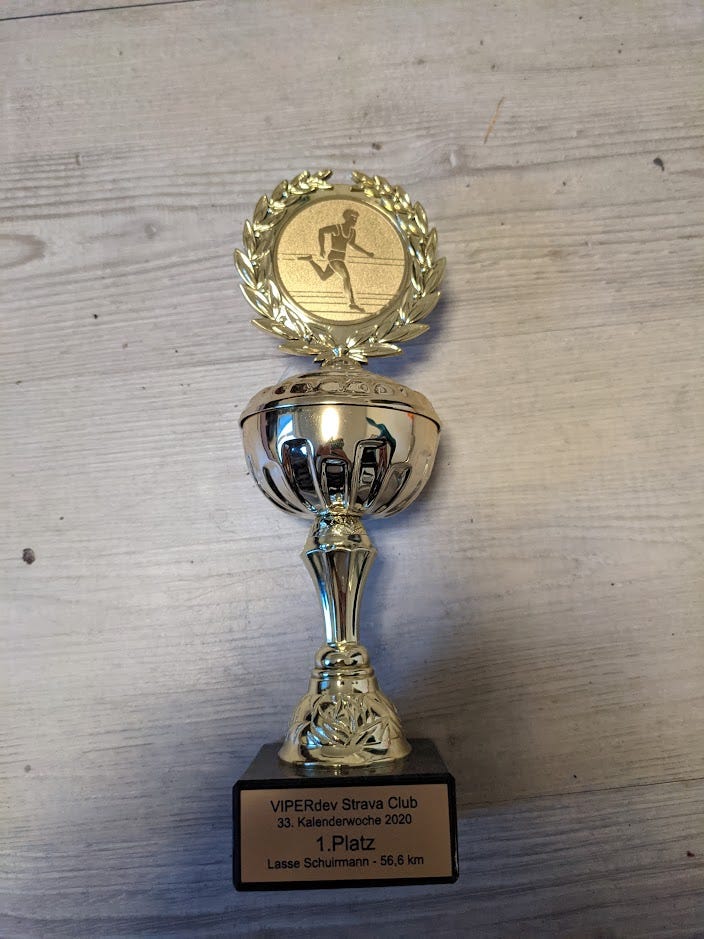 I was awarded this trophy, after a very nifty (successful!) attempt to steal the “most kilometers run” position on our strava club in 2020.